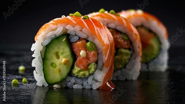 Fototapeta Fresh assorted sushi rolls arranged neatly, captured in a close-up with professional studio lighting.