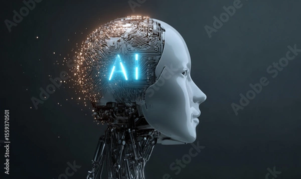 Obraz A glowing blue light shines on the side of an illustration of a human head with circuit board patterns inside, symbolizing artificial intelligence. The "AI" logo is visible in brain