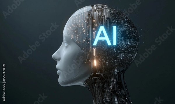 Obraz A glowing blue light shines on the side of an illustration of a human head with circuit board patterns inside, symbolizing artificial intelligence. The "AI" logo is visible in brain
