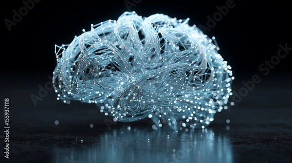 Obraz A wireframe brain model in light blue, constructed from thin glowing lines with a glass-like transparency. stock image
