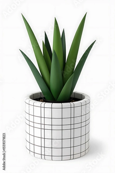 Obraz A small succulent plant in a white pot with a black grid pattern.
