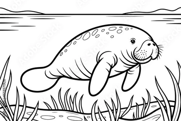 Fototapeta Manatee swimming in shallow water, peaceful sea creature.
