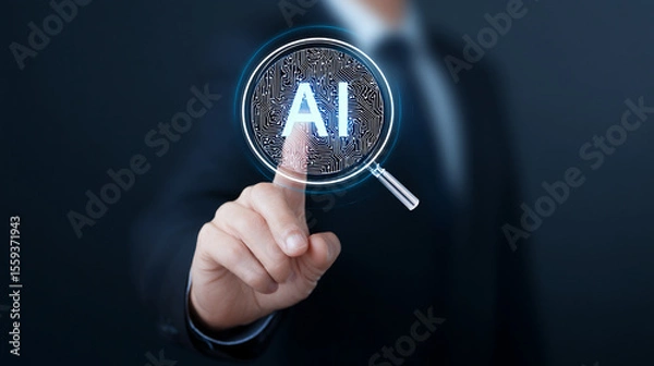 Obraz ''AI'' text and magnifying glass icon Hologram On A businessman Hand.