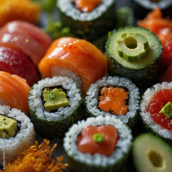 Fototapeta Studio Shot of Fresh Assorted Sushi Rolls Close-Up