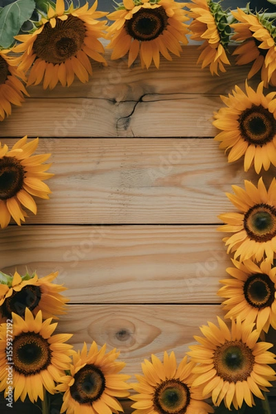 Obraz Sunflowers in a circle frame on wooden planks.
