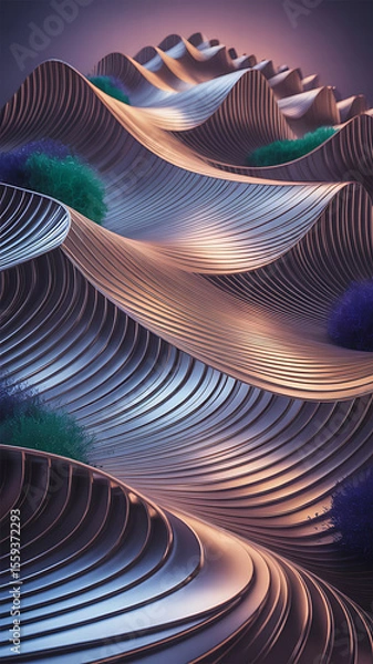 Obraz Abstract landscape of metallic dunes, swirling shapes, and vibrant colors.
