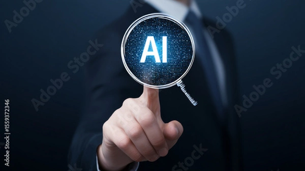 Obraz ''AI'' text and magnifying glass icon Hologram On A businessman Hand.