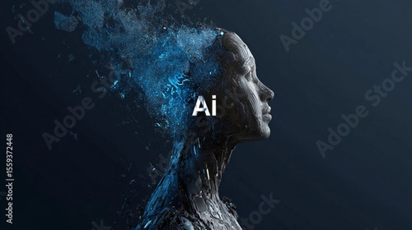 Obraz A glowing blue light shines on the side of an illustration of a human head with circuit board patterns inside, symbolizing artificial intelligence. The "AI" logo is visible in brain