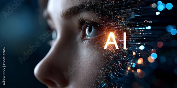 Obraz 3D rendering of an AI head with the letters "AI" glowing inside, filled with circuitry and data streams. The background is blue with bokeh lights. A holographic person's face. High resolution