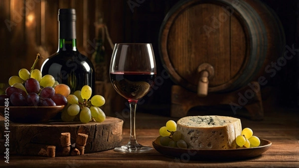 Obraz Glass and bottle of red wine with cheese and grapes arranged near rustic oak barrels. Gourmet wine tasting scene.
