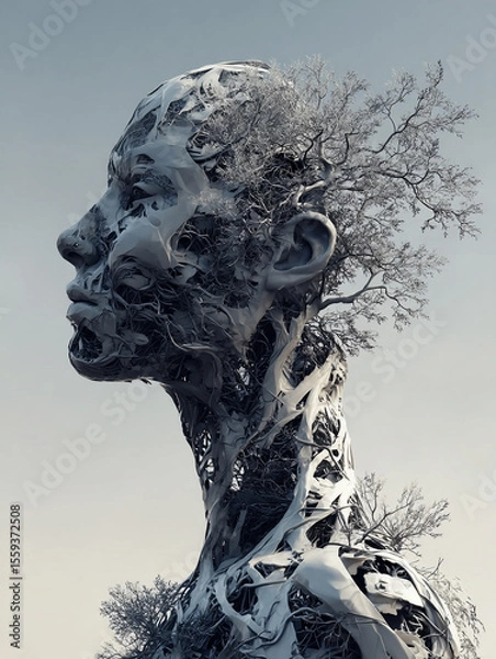 Obraz Human face made of electric wires and circuits, depicting Artificially intelligent robots, Augmented reality 