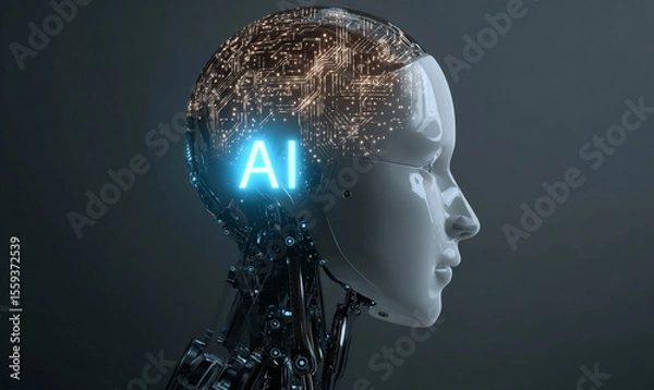 Obraz A glowing blue light shines on the side of an illustration of a human head with circuit board patterns inside, symbolizing artificial intelligence. The "AI" logo is visible in brain
