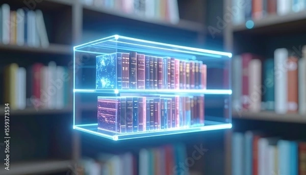 Obraz Futuristic holographic bookshelf with glowing digital books floating in a modern library setting with blurred background of shelves and books