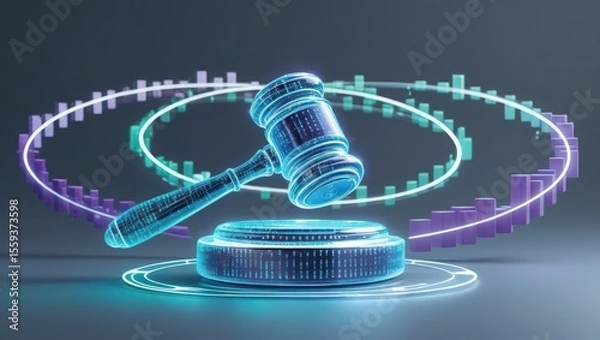 Obraz Digital holographic representation of a judge's gavel and sound block with virtual s and futuristic data elements symbolizing justice law and legal proceedings