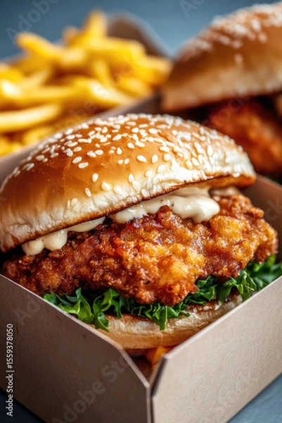 Fototapeta Crispy chicken burger with lettuce, sauce, and sesame bun in a cardboard box, accompanied by French fries in the background. Fast food, delicious meal