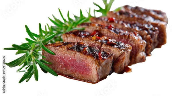 Fototapeta Grilled steak slices with herbs, perfect for culinary presentations, white isolate background.