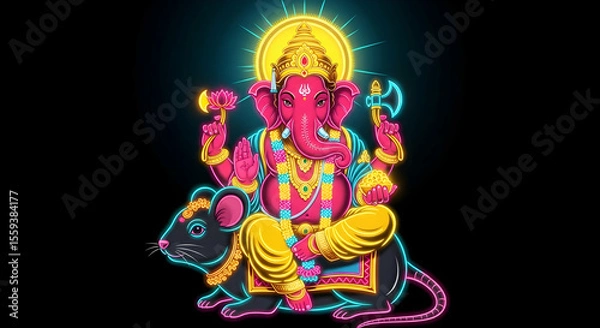 Fototapeta Radiant Ganesha with Mouse, Lotus, and Modak, Vibrant Ganapati Idol, Ganesh Chaturthi Festival, Vinayak Blessings