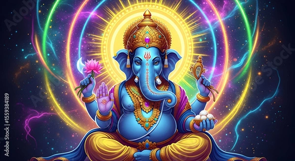 Fototapeta Divine Lord Ganesha with Lotus and Modaks Vibrant Ganapati Idol, Ganesh Chaturthi Festival, Vinayak Blessings