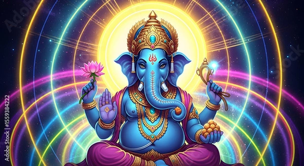 Fototapeta Divine Lord Ganesha with Lotus and Modaks Vibrant Ganapati Idol, Ganesh Chaturthi Festival, Vinayak Blessings