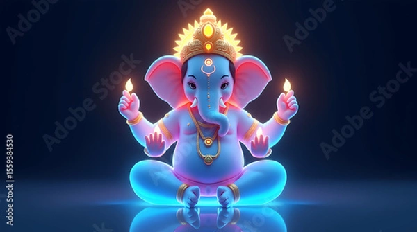 Fototapeta Glowing Baby Ganesha with Diyas, Divine Ganapati Bappa Morya Illustration for Ganesh Chaturthi Vinayak Vinayaka Chaturthi Hindu Festival Artwork