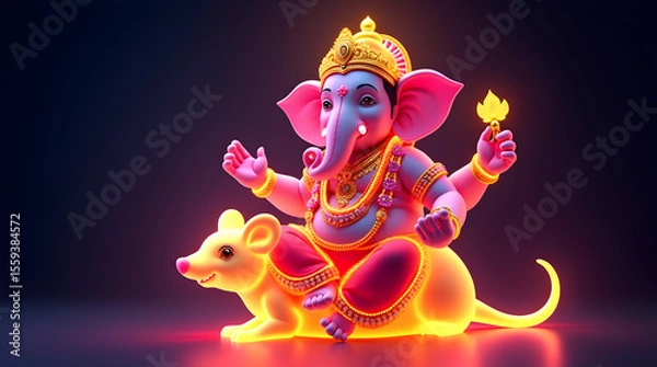 Fototapeta Ganesh Chaturthi Ganesha on Mouse, Glowing Idol of Ganapati Bappa Vinayak in Divine Aura, Perfect for Chaturthi, Vinayaka Festival & Devotional Art