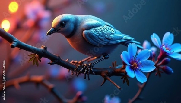 Fototapeta Un pájaro cibernético, con plumas azules y plateadas iridiscentes, se posa delicadamente en una rama floreciente
