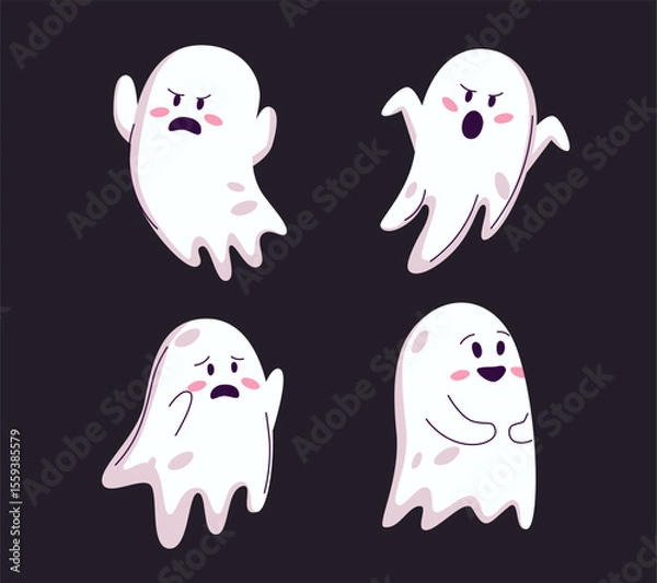 Obraz Set of cute funny happy ghosts. Childish spooky boo characters for kids. Magic scary spirits with different emotions