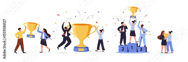 Obraz Set of happy competition champions holding golden cups and standing on pedestal vector. Success of male, female and dog