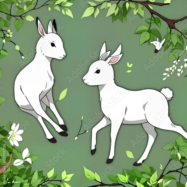 Fototapeta A digital illustration shoot from a bird's eye view about two white deer with black ears, surrounded by green leaves and flowers on a light green background. the image also shows a serene and peaceful