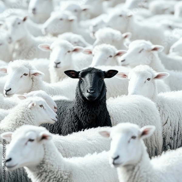 Fototapeta A black sheep stands out in the middle of an endless flock of white ones, symbolizing unique individuality and different thinking among many people