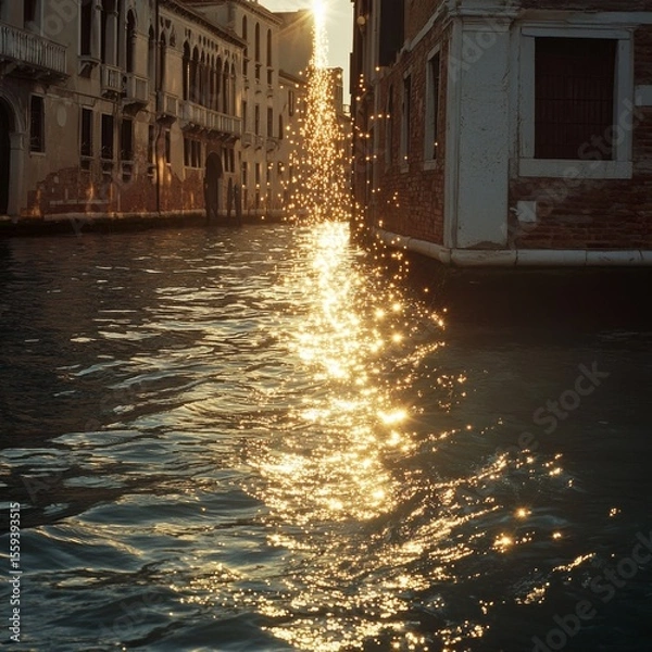Fototapeta  the rippling water of a Venetian canal, creating a vertical trail of dazzling sparkles; elegant Renaissance palazzo 