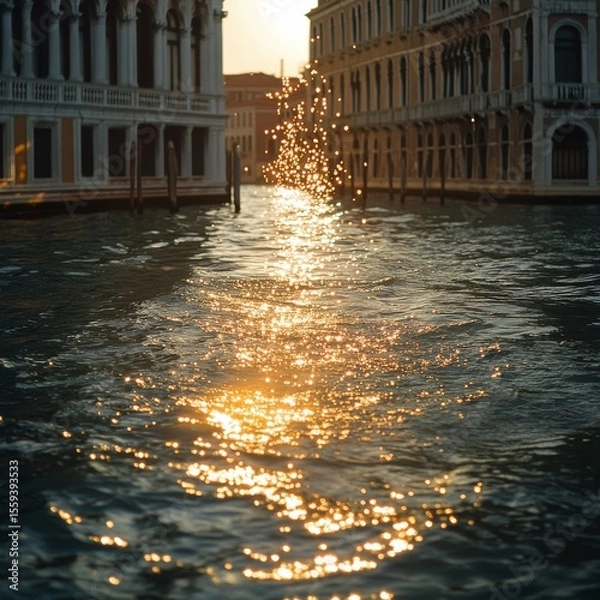 Fototapeta  the rippling water of a Venetian canal, creating a vertical trail of dazzling sparkles; elegant Renaissance palazzo 