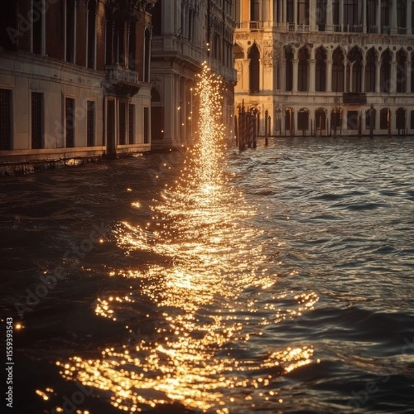Fototapeta  the rippling water of a Venetian canal, creating a vertical trail of dazzling sparkles; elegant Renaissance palazzo 