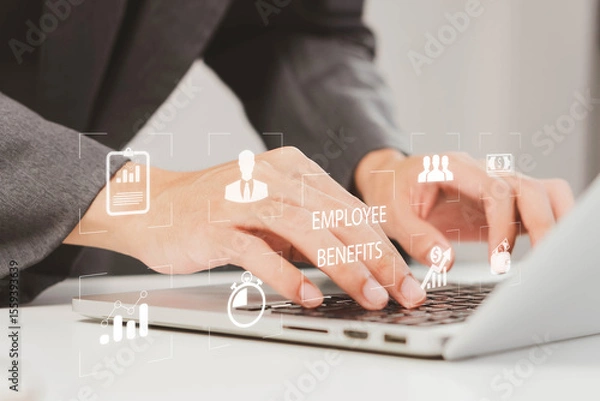 Fototapeta Employee Benefits and Compensation Strategy Concept. Employee benefits options on digital interface. Icons various benefits such as healthcare, insurance, travel, awards, and financial perks.