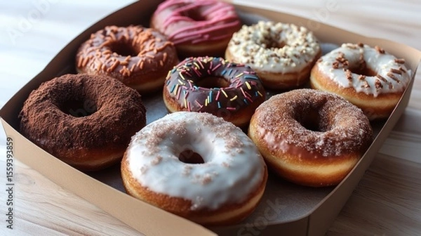 Fototapeta A box full of assorted delicious donuts with colorful toppings and frostings is displayed.