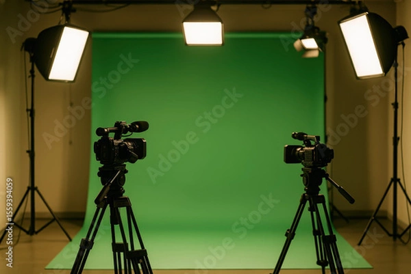Fototapeta Professional video studio with green screen, lighting equipment and two cameras set for production shoot