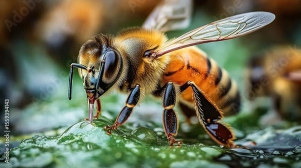 Fototapeta A honeybee drinks water from a leaf, showcasing intricate details and vibrant natural colors.