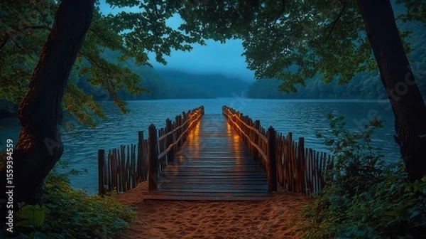 Fototapeta A serene lake scene at twilight featuring a wooden pier illuminated with soft, warm light.
