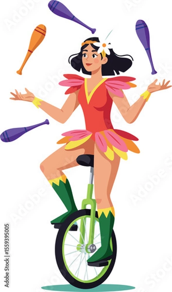 Fototapeta Female juggler on unicycle in colorful costume with juggling clubs vector illustration 