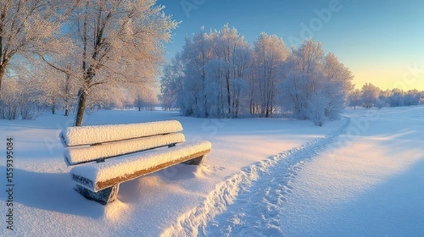 Fototapeta A serene winter landscape scene featuring snow covered trees and a bench under a clear blue sky.
