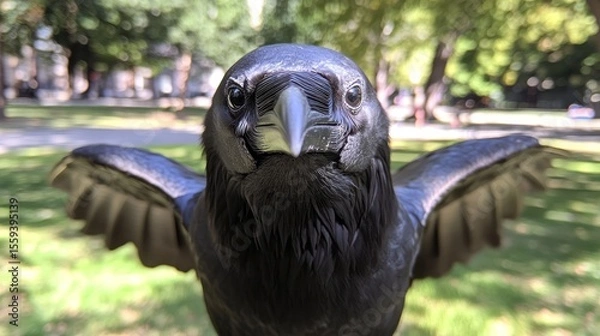 Fototapeta An impressive giant raven confronts the viewer head-on, its dark plumage gleaming in natural light