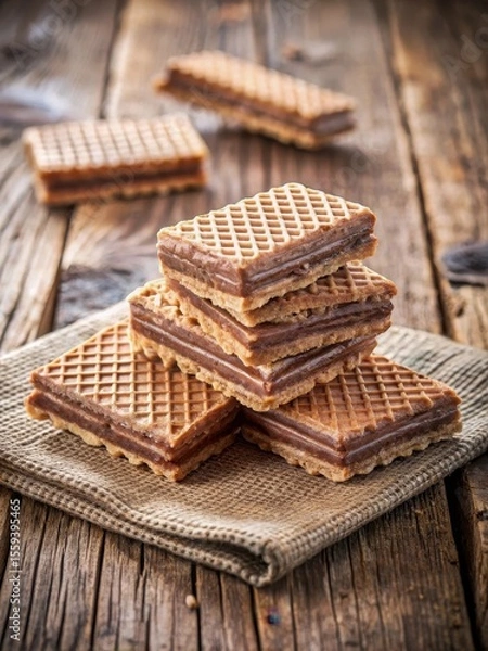 Fototapeta Crunchy wafer biscuits with rich chocolate cream on a rustic wooden table