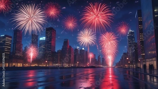 Fototapeta Spectacular fireworks illuminate the night sky of New York city. USA independence day, 4th July