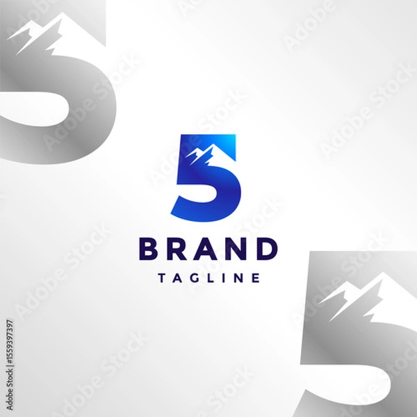 Fototapeta Number Five With Mountain Silhouette Logo Design. Simple Mountain Number Five Icon Logo Design.