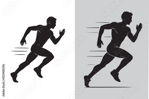 Obraz Dynamic Silhouette Illustration of a Male Runner in Motion Conveying Speed and Athleticism on a Split White and Gray Background