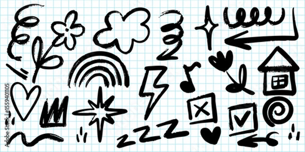 Fototapeta creative collection of hand drawn doodles on grid notebook paper, featuring whimsical sketches such as arrows, hearts, flowers, stars, clouds, rainbows, checkboxes, and musical notes.