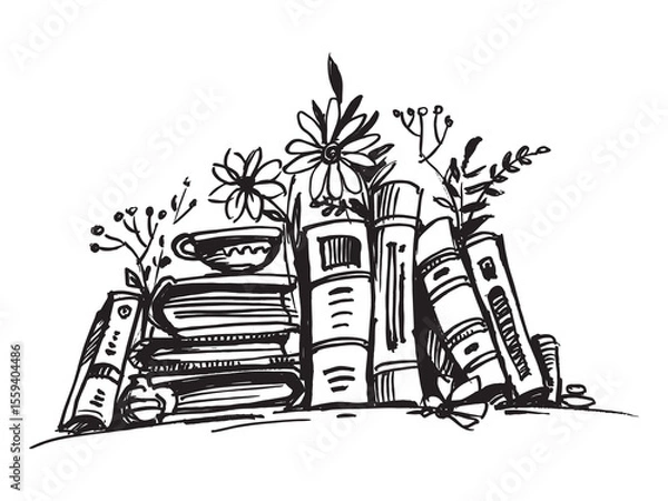 Fototapeta Books and coffee on the shelf. Book lover