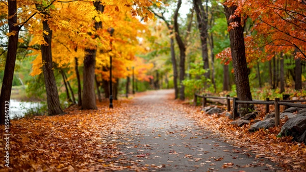 Fototapeta Autumn path lined with golden leaves and trees. The season's charm in full display along a tranquil walkway.