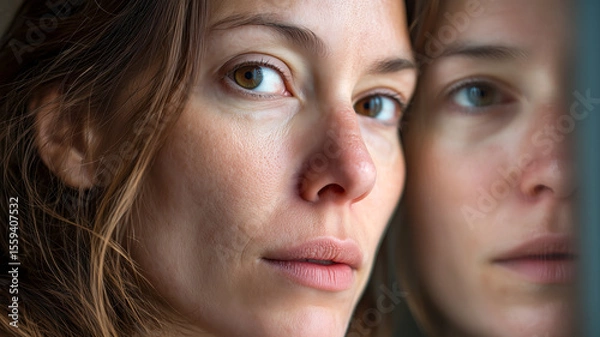Fototapeta Intimate close-up portrait of a contemplative woman gazing forward, with a mirrored reflection beside her.