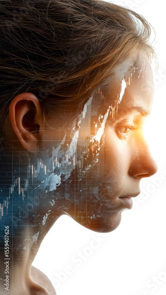 Fototapeta Woman's profile with financial chart overlay, symbolizing business acumen and strategic thinking in the modern world.